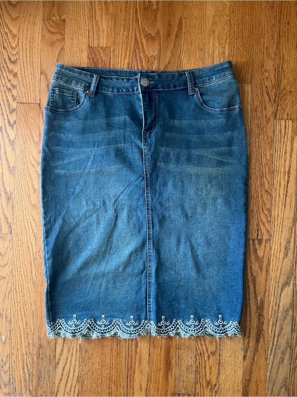 Blue Denim Pencil Skirt with Scalloped Embroidered Hem